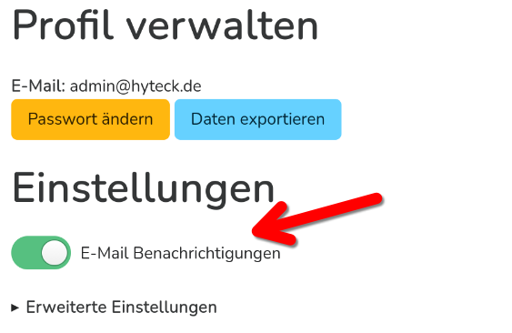 Screenshot der Profileinstellungen in Notfellchen. Ein roter Pfeil zeigt auf einen Schalter "E-Mail Benachrichtigungen"