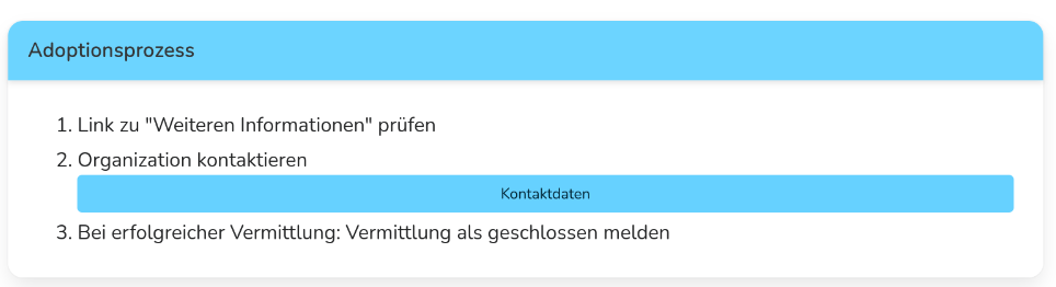 Screenshot der Sektion "Adoptionsprozess" einer Vermittlungsanzeige. Der Prozess ist folgendermaßen: 1. Link zu "Weiteren Informationen" prüfen, 2.  Organization kontaktieren, 3. Bei erfolgreicher Vermittlung: Vermittlung als geschlossen melden