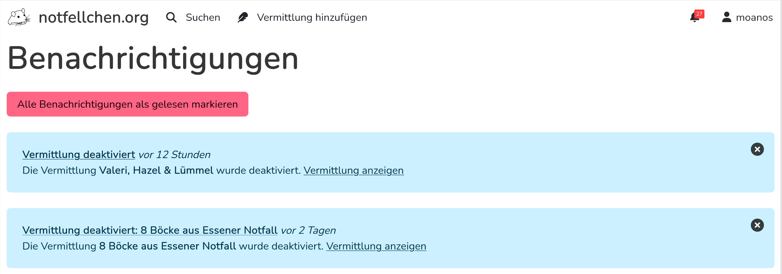Screenshot der Menüleiste von Notfellchen.org. Neben dem Symbol einer Glocke steht die Zahl 27.