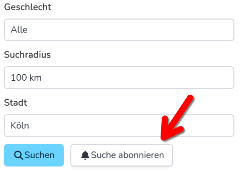 Screenshot der Suchmaske auf Notfellchen.org . Ein roter Pfeil zeigt auf den Button "Suche abonnieren"
